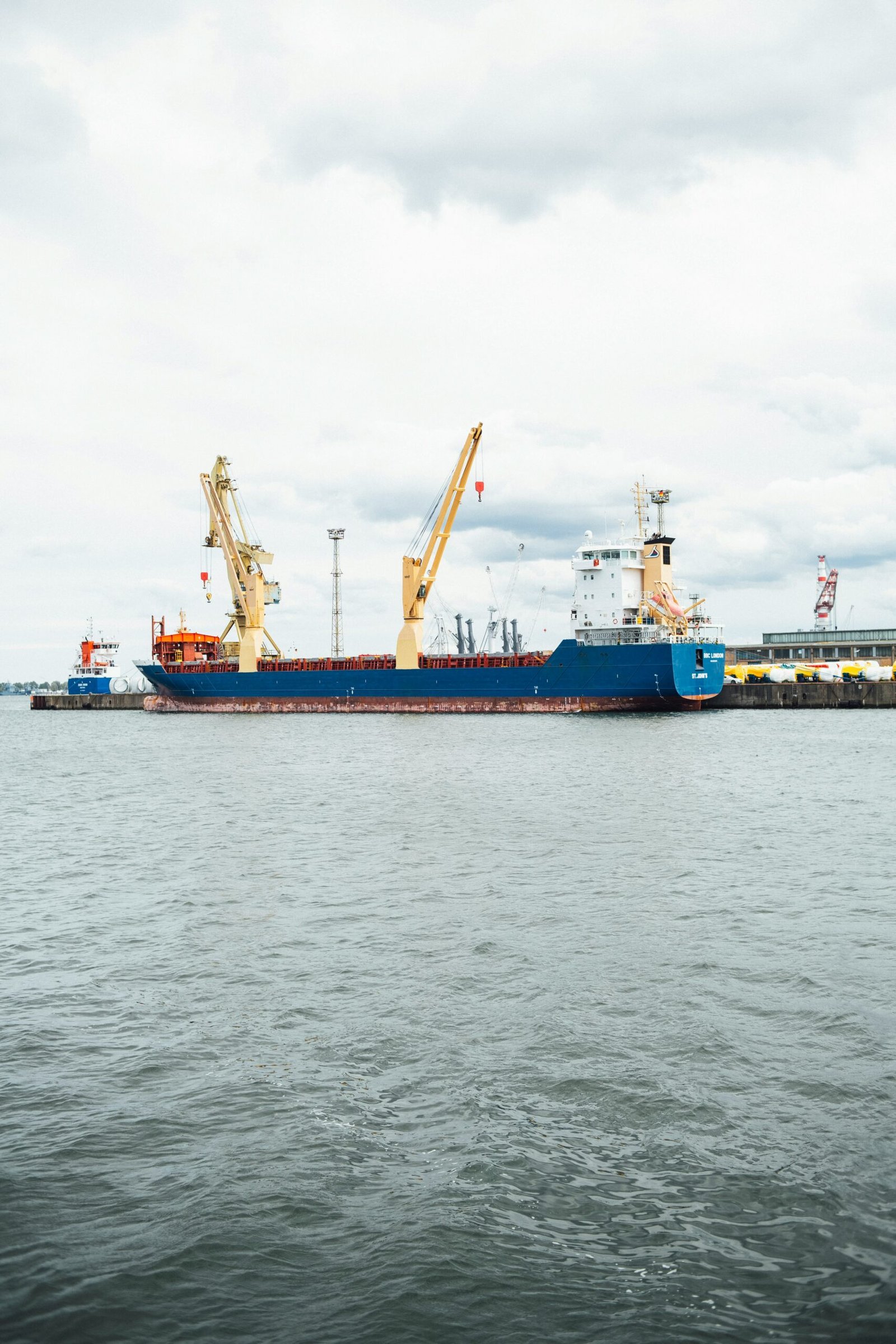 a large blue and white boat in a body of water